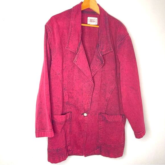Sundance | Maroon Denim Jacket Long Pockets Vintage Jean Jacket Coat Large - Picture 1 of 8
